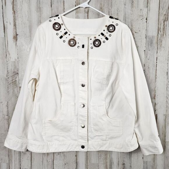 JM Collections Embellished Denim Jacket  White Size 14 - Picture 1 of 12